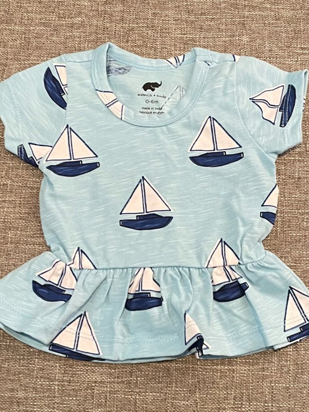 NWOT Monica + Andy Peplum Ruffle Tee - "Set Sail" Blue Boat Print - 0-6M